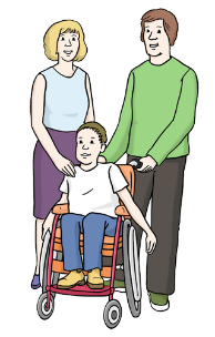 Eine Familie mit Kind im Rollstuhl