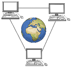 die Erde zwischen 3 Computer symbolisiert das Internet